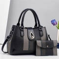 Retro large capacity tote bag and clutch set in grey striped fabric with leather trim - L30xW13xH22 / Black