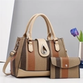 Retro large tote bag with striped canvas and leather, including matching wallet and strap - L30xW13xH22 / Khaki