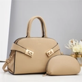 Detail view of apricot pebbled PU leather tote bag set with golden hardware and accessories - 2 Pieces/Set (29x12x20cm) / Khaki