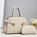 Elegant cream pebbled leather tote bag with matching pouch and gold hardware accents - White