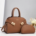 Close-up of brown litchi grain tote bag with matching small coin purse and gold hardware - Earthy Yellow