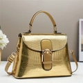 Detailed view of crocodile pattern texture on a gold crossbody bag with metallic buckle - Gold