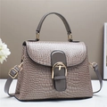 Taupe crocodile texture tote bag with golden hardware and adjustable strap in trapezoid shape - Gray