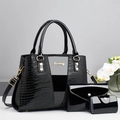 Damen Handtaschen-Set aus schwarzem Lackleder mit Krokoprägung und goldenen Details - 3-teiliges Set / Schwarz