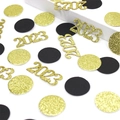 Close-up of gold 2023 glitter confetti with black and gold round sequins for New Year party - Black Gold Circle and Gold Glitter 2026 Confetti