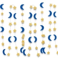 Détail de guirlandes en papier pailleté bleu et or avec étoiles et lunes pour fête - Bleu Or