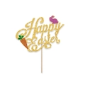 Glittery gold Happy Easter cake topper with bunny and carrot on a wooden stick - Gold
