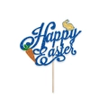 Blue glittery Happy Easter cake topper with gold bunny and carrot on white background - Blue