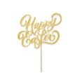 Close-up of golden glitter Happy Easter cake topper with wooden stick on white background - Gold