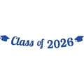 Pancarta de graduación Class of 2026 con purpurina azul y birretes para decoración - Birrete Azul Y Banner Clase de 2026 Azul