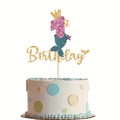 Close-up of glittery mermaid 1st birthday cake topper with pink number and golden crown - Age 1 Style