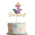 Detailed view of glitter 3rd Birthday mermaid cake topper with crown and starfish - Age 3 Style
