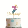 Macro detail of mermaid theme 7th birthday glitter cake topper with golden crown and tail - Age 7 Style