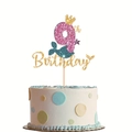 Close-up of pink glitter number 9 mermaid tail cake topper with gold crown and birthday text - Age 9 Style
