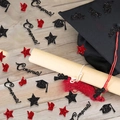 Graduation party confetti with black and red glitter star shapes and bachelor hats - Style 2: Black Letter Certificate + Champion's Hat + Letters + Red Star + Finger
