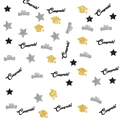 Detail of graduation table confetti featuring glittery black congrats and gold caps - Black Gold Silver Three-Color Set