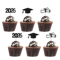 Detail view of 2026 graduation cupcake toppers with black glitter mortarboard and scroll - Black 2026 Style