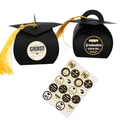 Detail of graduation cap gift boxes with yellow tassels and celebratory round stickers - Black (With Stickers)