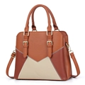 Three-tone patchwork faux leather tote bag with pebble grain texture and golden hardware - L29 W12 H25 / Earthy Yellow