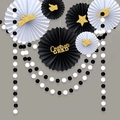 Set decorativo per laurea con ventagli di carta neri e bianchi e scritta oro GRAD - Stile Bianco e Nero