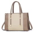 Contrast color large capacity tote bag in brown and beige PU leather with gold hardware - Khaki