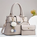 Elegante set borsa da donna beige in due pezzi con ciondolo a pompon e portafoglio - Grigio