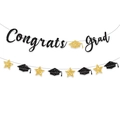 Glittering black and gold Congrats Grad banner set with graduation caps and stars for party - Black