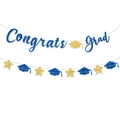 Blue and gold Congrats Grad banner with glitter stars and graduation caps for party decor - Blue