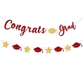 Red glitter Congrats Grad banner with gold stars and graduation caps for party decor - Red