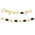 Gold glitter Congrats Grad banner set with black graduation caps for party decor - Gold