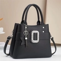Chic black litchi leather handbag with sparkling diamond buckle and silver star charm - 28x13x23cm / Black