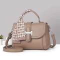 Chic brown litchi pattern leather crossbody bag with decorative scarf and silver hardware - 23x10x17 / Dark Khaki