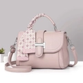 Elegant square crossbody bag in dusty rose leather with a silk scarf wrapped handle - 23x10x17 / Pink