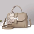 Khaki pebbled leather square bag with decorative silk scarf handle and silver metal clasp - 23x10x17 / Light Khaki
