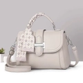 Grey pebbled leather square handbag with silk scarf handle and silver metal buckle - 23x10x17 / Gray