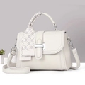 Detail of white leather crossbody bag with silk scarf handle and silver metal hardware - 23x10x17 / Off-white