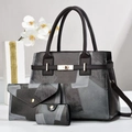 Three-piece large capacity tote bag set with geometric patchwork and gold twist lock detail - Black Grey Patchwork