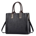 Black lace embossed large capacity soft leather tote bag with brown handles and gold hardware - Black