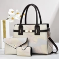 Detailed view of 3-piece bag set with tote, envelope pouch, and mini card wallet - Beige Brown Contrast