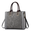 Borsa tote grigia in pelle con pizzo, manici marroni e dettagli in metallo oro - Grigio