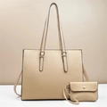 Bolso tote beige en cuero granulado con estuche a juego y correa ajustable para mujer - Juego de Bolso Tote Y Bolsa / Caqui