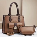 Three-piece brown tote bag set with crocodile pattern and golden metal logo detail - Brown