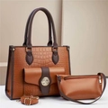 Brown crocodile embossed tote bag set with matching pouch and gold hardware accents - Khaki/Earth Yellow
