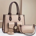 3-teiliges beige-braunes Handtaschen-Set mit Krokodil-Prägung und goldenen Beschlägen - Khaki