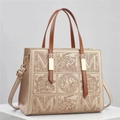 Sac fourre-tout beige avec poignées brunes et broderie florale élégante logo M - Kaki
