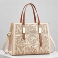 Beige Damen-Einkaufstasche aus Leder mit Blumenstickerei und braunen Tragegriffen 2024 - Aprikose