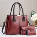 Three-piece burgundy faux leather handbag set with tote, wallet and mini card holder - Wine Red