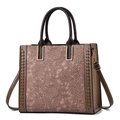 Brown leather tote bag for women with lace embroidery and braided hollow design - Khaki