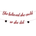Sparkling red glitter graduation banner with She Believed She Could So She Did text - Black Glitter Hat + Red Glitter Script Font