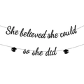 Black glitter graduation banner featuring She believed she could so she did with mortarboards - Black Glitter Hat + Black Glitter Script Font